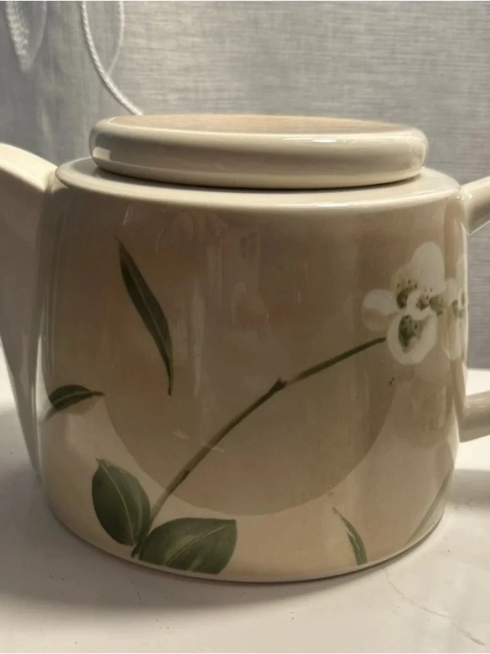 Crate and Barrel Cream Floral Ceramic Tea Set - Teapot, Creamer & Sugar Bowl